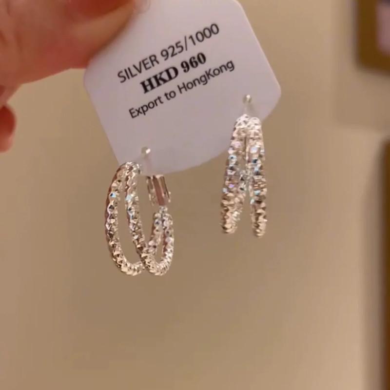 Flashing silver crushed ice double-layer circle earrings niche unique earrings high-end luxury