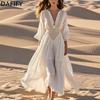 Mode femme été printemps couleur unie imprimé manches 3/4 col en v taille haute robes décontractées