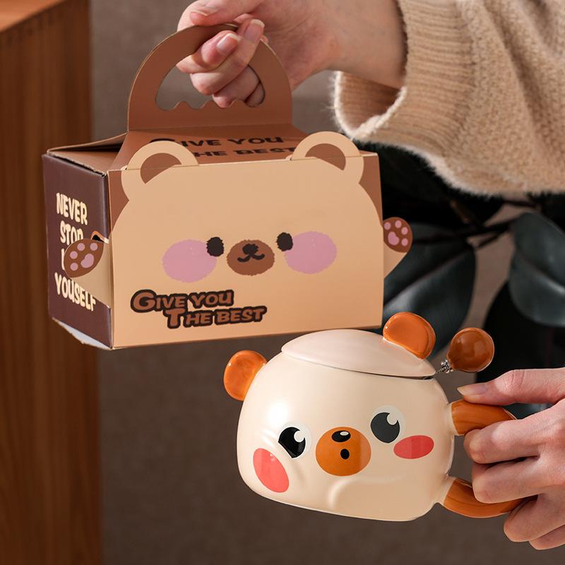 Creative Cartoon Bear Ceramic Cup With Lid Household Breakfast Children'S Couple Cup High Value Gift