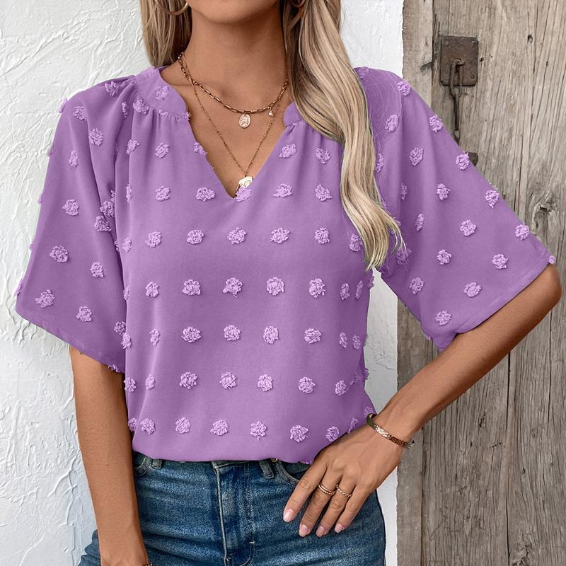 Women's Comfortable Loose Jacquard V-neck Short Sleeved Top for Women Shirt