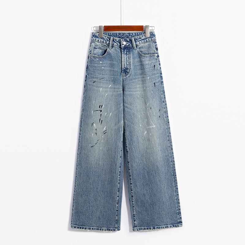 

Distressed Starry Splatter Light Blue Wide-Leg Jeans—Casual 2026 Spring Collection Medium светло-синий