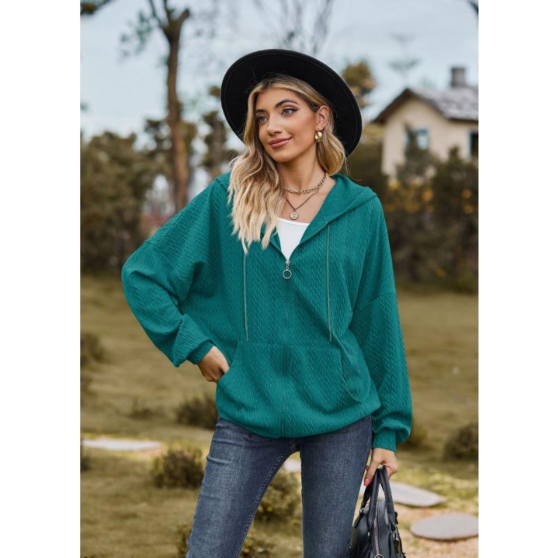 Solid Color Pocket Long Sleeve Loose Hooded Zip Up Cardigan Sweatshirt For Women