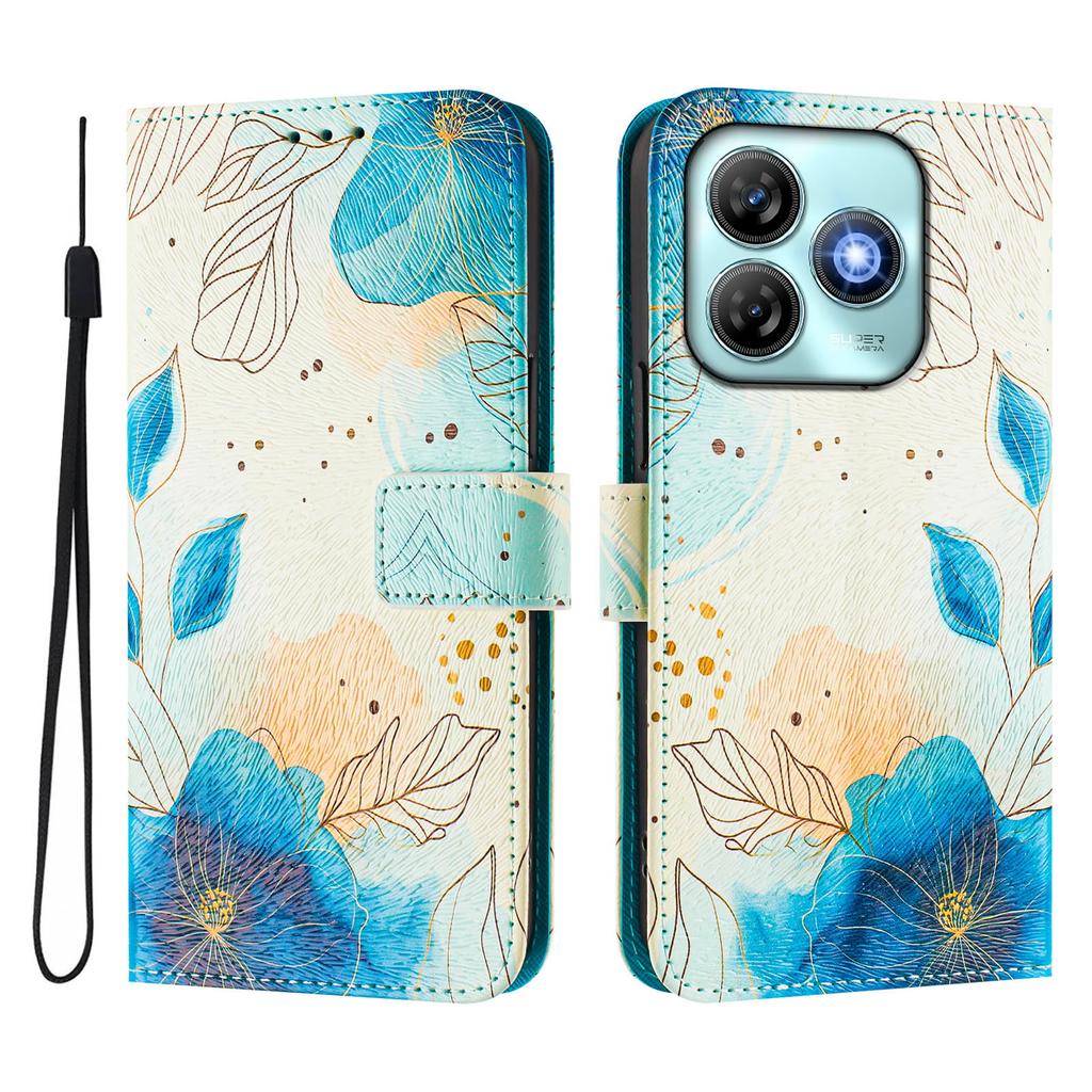 Blue Flower Luxury Painted Leather Case Wallet Book Style Cover for ZTE Blade A52,A53,A73,V50 Vita,V40S,V60,A35,A55,A75...
