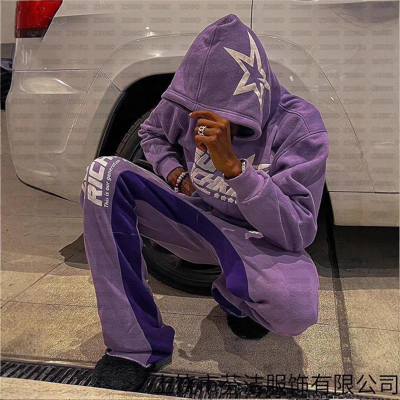 Star letter 3D printed hooded sweater men's and women's European and American hip-hop sweatshirt loose coat set