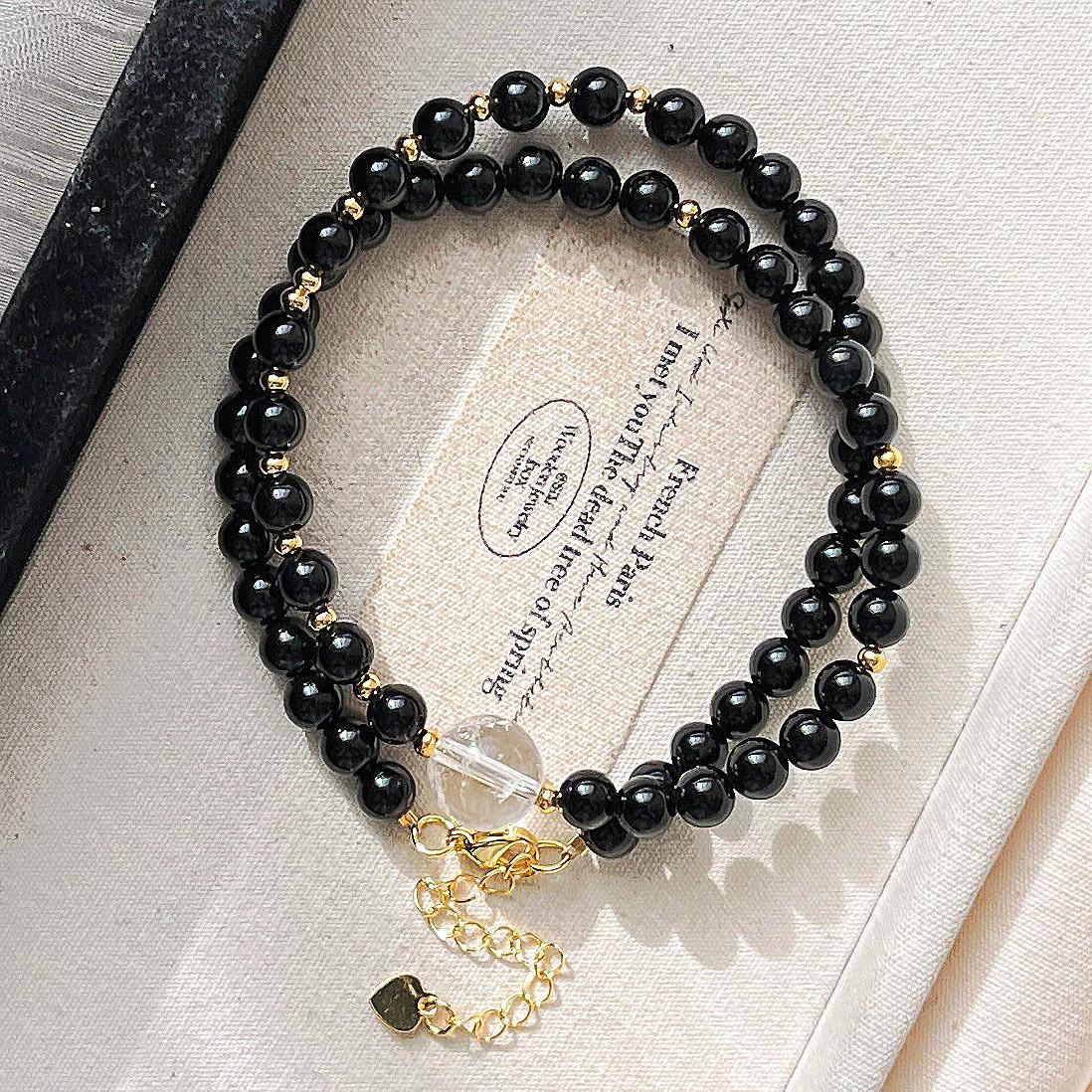 6Mm Natural Black Agate White Crystal Design Necklace Clavicle Chain Female