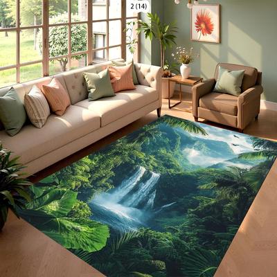 Rugs Teal Mist Forest Tiered Waterfall Rug Carpet Mat Non-Slip for Living Room Bedroom Serene Home Decor
