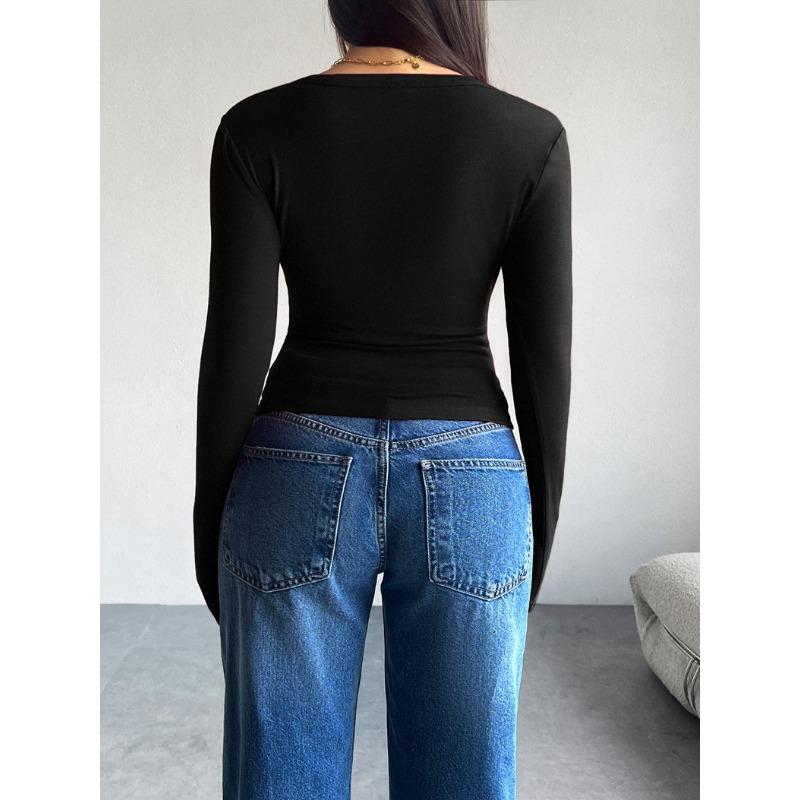 DAFIFY Women's Fashion Casual Spring Autumn Solid Color Print Long Sleeve V-Neck Blouses & Shirts