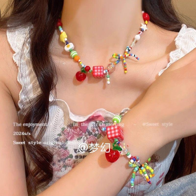 "Apple Paradise" Dopamine Color Children's Fun Animal Beaded Necklace New Light Luxury Summer Clavicle Chain