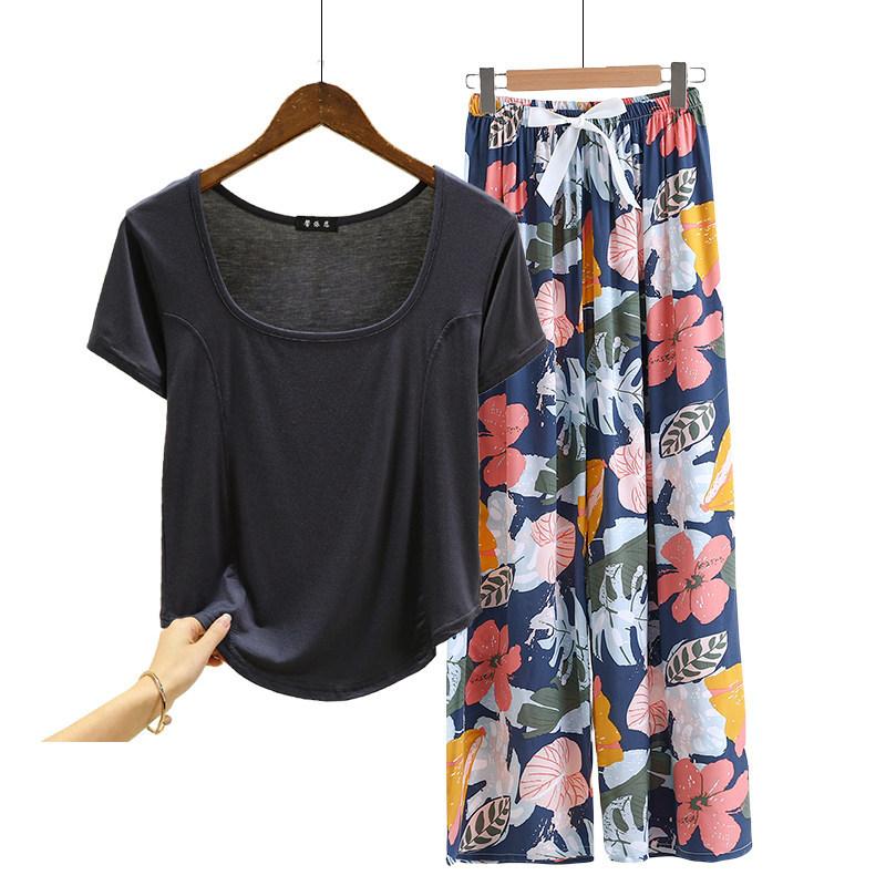 Fashion U Nek Tshirt and Floral Wide leg pants Summer fashion homewear 2pcs suit Loose Casual pajamas set comfort loungewear plus size