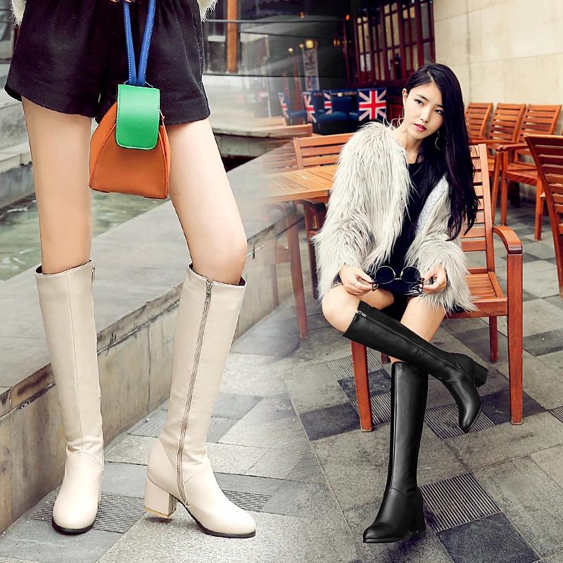 Fashion 2025 Fashion Knee High Boots Women Pu Leather Thick High Heels Long Boots Autumn Winter Zip Female Shoes Size 32-43 botas mujer