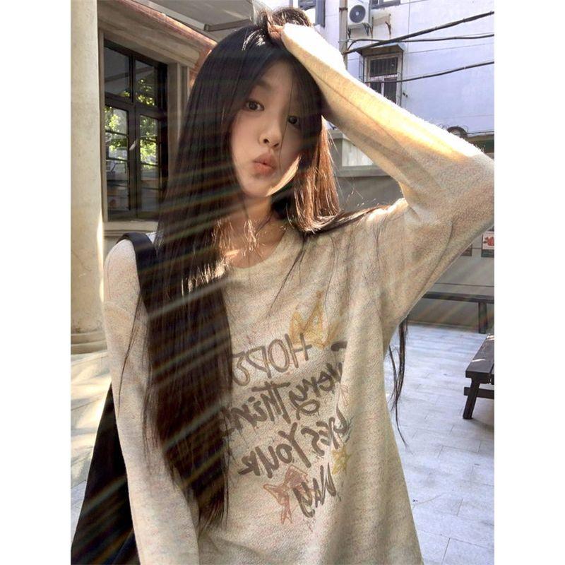 Idle Style Letters Print round Neck Long Sleeves T-shirt Blouse Women's Autumn Korean Style Inner Wear Loose Casual Sun Protection Top
