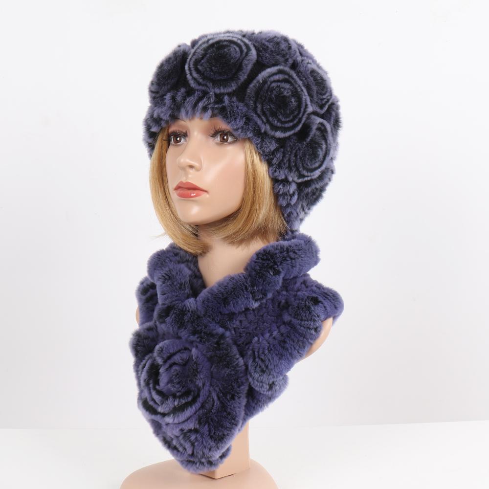 Нові Жіночі Зимові Хутряні Шапки Шарфи Набори Натуральні Теплі Справжні Шапки з Хутра Кролика Рекс Шарфи Леді В'язані Шапки з Натурального Хутра Шарф