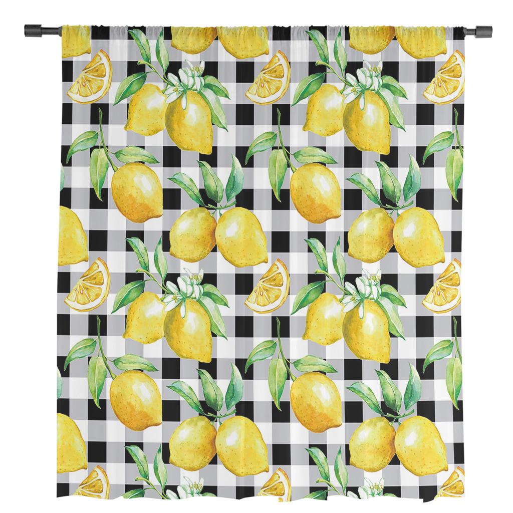Watercolor Lemon Plaid Window Treatment Tulle Modern Sheer Curtains for Kitchen Living Room the Bedroom Curtains Decoration