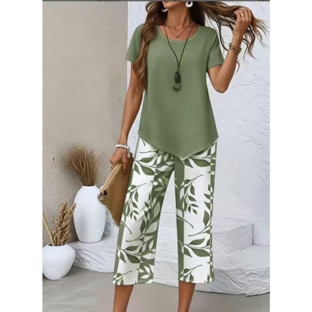 Women Summer Fashion Two Piece Set, Stylish Slimming Short Sleeve Top, High Waist Wide Leg Pants, Elegant Casual Matching Outfit