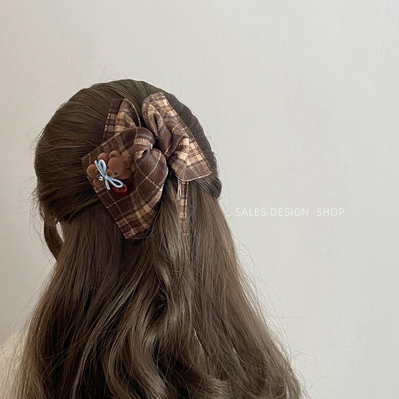 Exquisite Korean Plaid Bear Triangle Hair Clip for Women - 2025