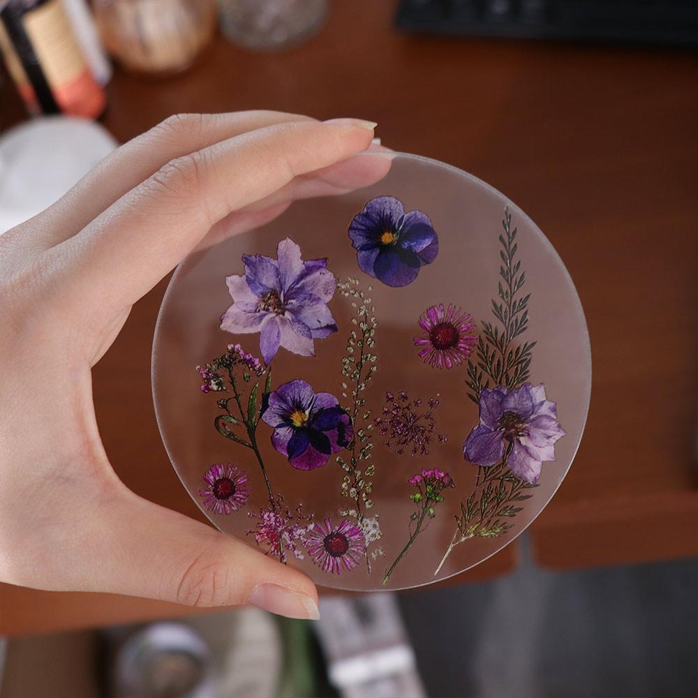 Round Acrylic Coasters Transparent Insulation Pad Durable Floral Print Coasters Gifts