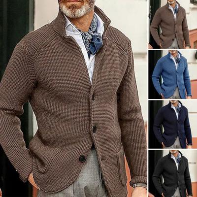 Men Knitting Coat Lapel Long Sleeve Loose Fit Knitting Jacket with Pockets Soft Texture Casual Solid