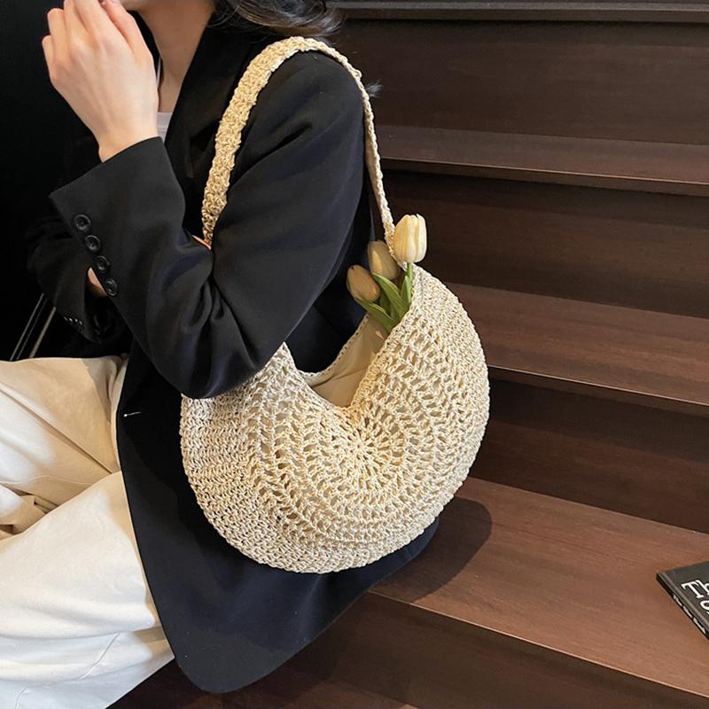 Yogodlns Borsa a Spalla Intrecciata in Paglia Oversize da Donna Casual Grande Capacità Mezzaluna Borsa a Mano Vacanza Estiva Leggera Borsa da Spiaggia Intrecciata a Mano