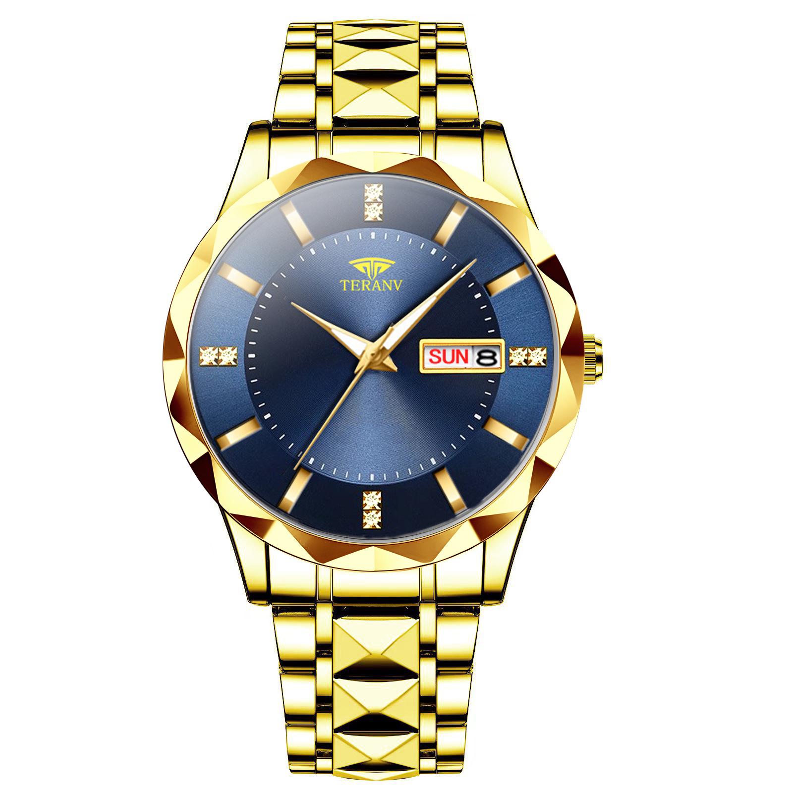 Stylish Men s Dual Calendar Luminous Waterproof Steel Band Watch