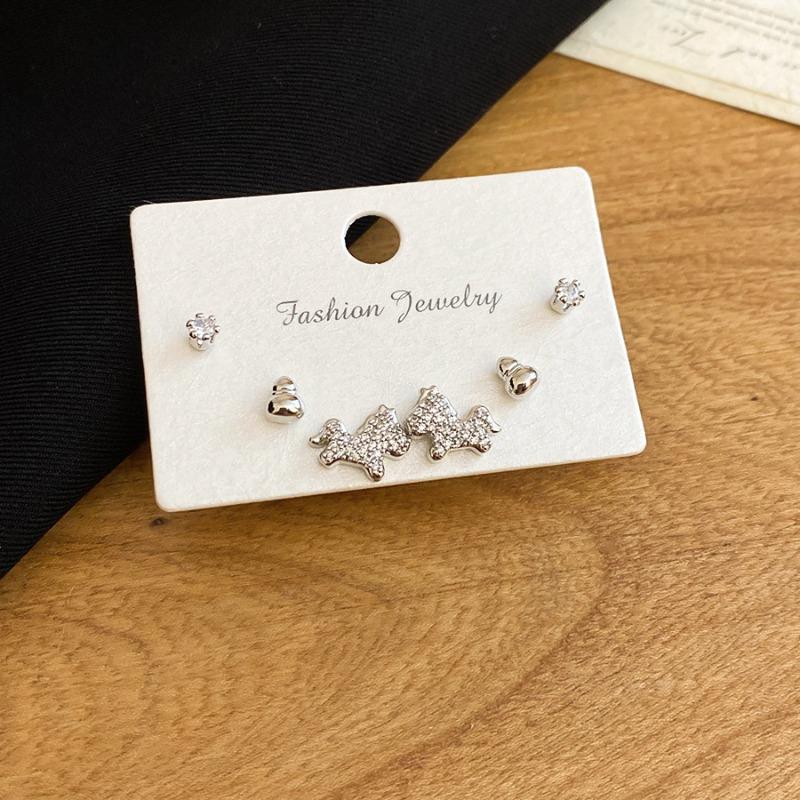 Silver Needle Zircon Gourd Pony Stud Earrings Set Natal Year Daily Versatile Temperament Earrings Light Luxury High-end Earrings
