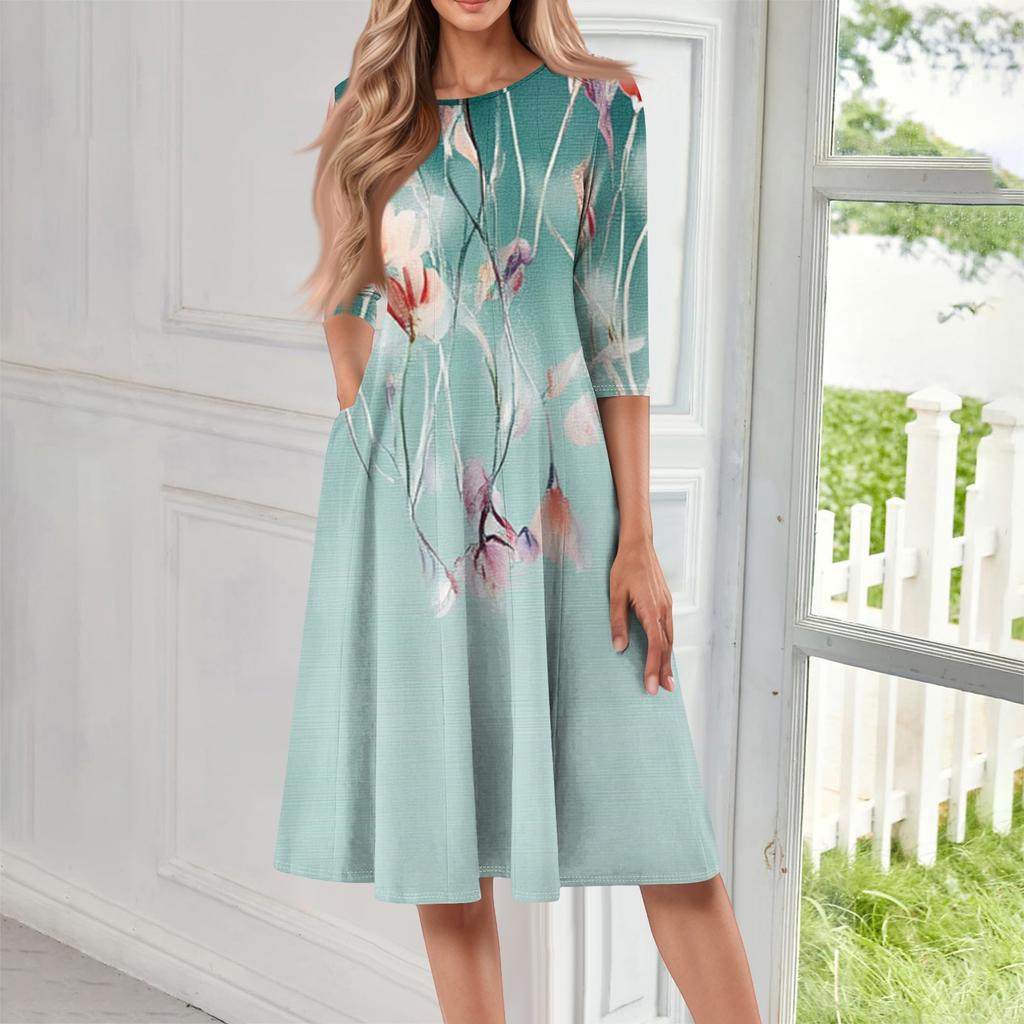 Rochie midi ocazională, cu mâneci trei sferturi, cu gât rotund, cu imprimeu