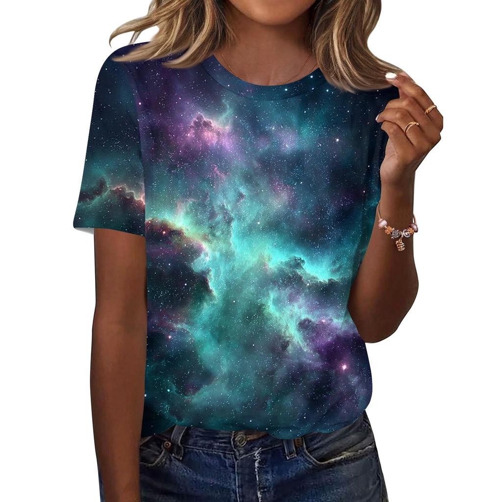 Women's Fashionable Casual Short Sleeve Print Round Neck Pullover Top