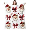 1pc Santa Claus & Bows Flannel Blanket - Soft Warm 280gsm All-Season Cozy Throw with Cute Cartoon Santa & Red Bows Print, Background - Christmas Hallo