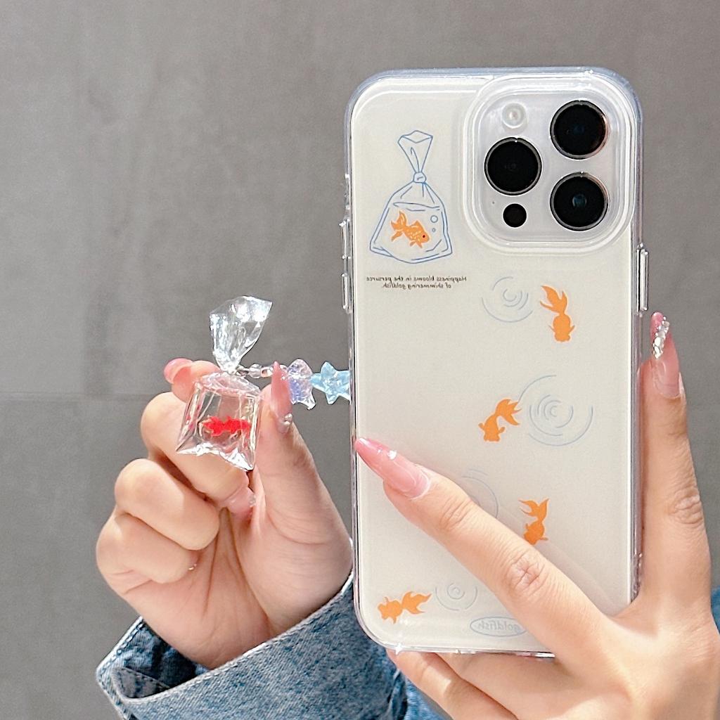 Cute Goldfish Water Ripples IMD Phone Case for iPhone 13 14 15 16 Pro Max Jelly Shell Cover Creative Fish Pendant Girly Gifts