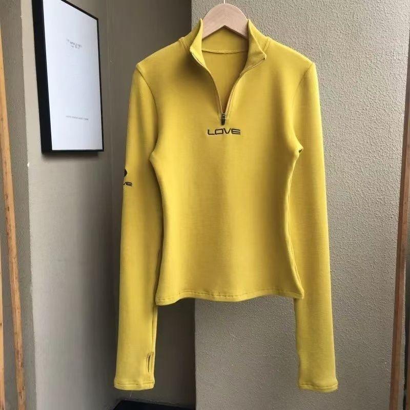 Spring Trendy Women Half Zip Stand Collar Tshirt  Base Long Sleeve Casual Pullover Tops