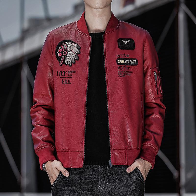 Men's Pu Leather Jacket Baseball Collar Embroidered Motorcycle Jacket Autumn and Winter Casual Trendy Leather Jacket for Men