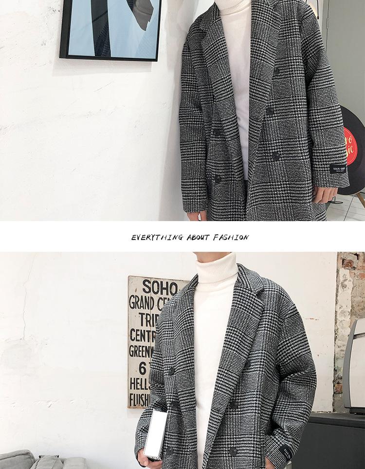 Men's Trendy Double-Breasted Plaid Wool Coat - Autumn/Winter Korean Style, Large Size Hong Kong Fashion
