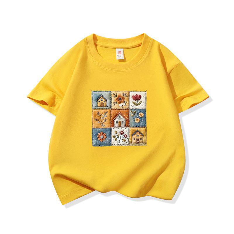 Kids Cotton T Shirt Cute Floral House Print Crew Neck Short Sleeve Tee Casual Breathable Boys Girls Summer Tops