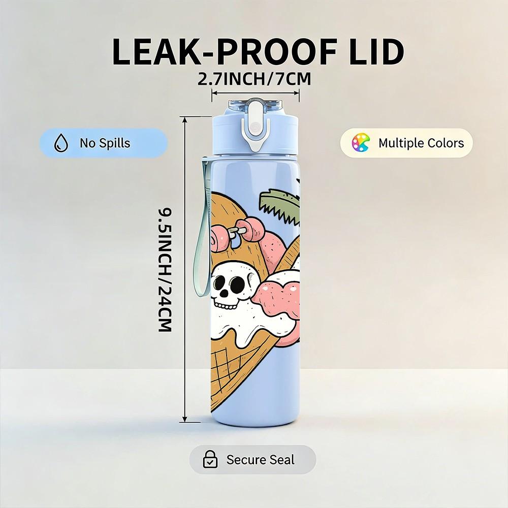 1PC Coconut Ice Cream Print 750ml Color Plastic Sports Water Bottle Leakproof Flip Straw Lid Suitable for Sports Office Home Use