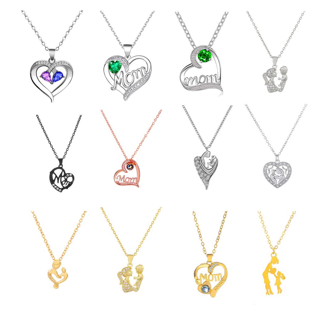 Multi-Tone Mom & Child Pendant Necklace Set, Heart & Family Silhouette Necklaces for Mother's Day
