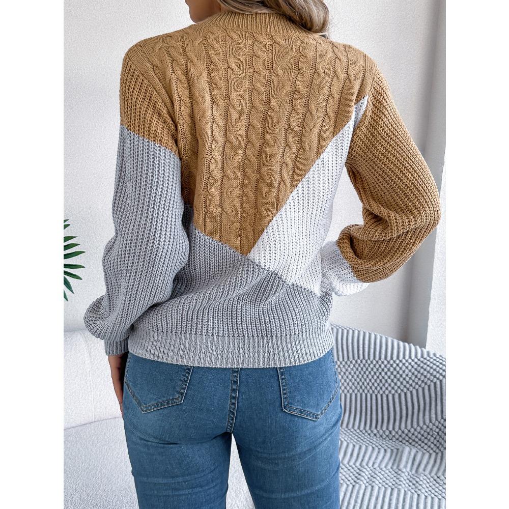 Women's Sweatshirt-Style Casual Colour-Blocked Cable-Knit Long-Sleeved Pullover Knit Top