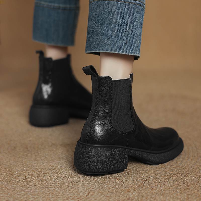 Krazing Pot Sheepskin Pleated Decoration Autumn Winter Shoes Chunky Heels Size 43 Size 42 Round Toe Slip on Retro Fashion Ankle Boots