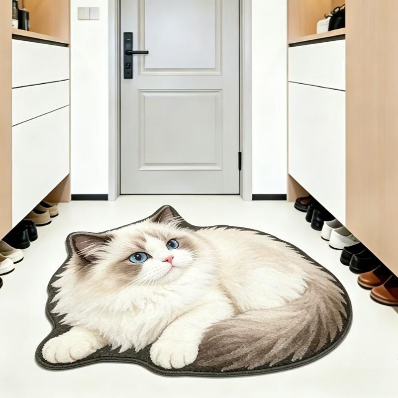 Realistic Cat Faux Cashmere Floor Mat Thickened Bedside Rug Absorbent Bathroom Foot Pad Cute Pet Bedroom Carpet