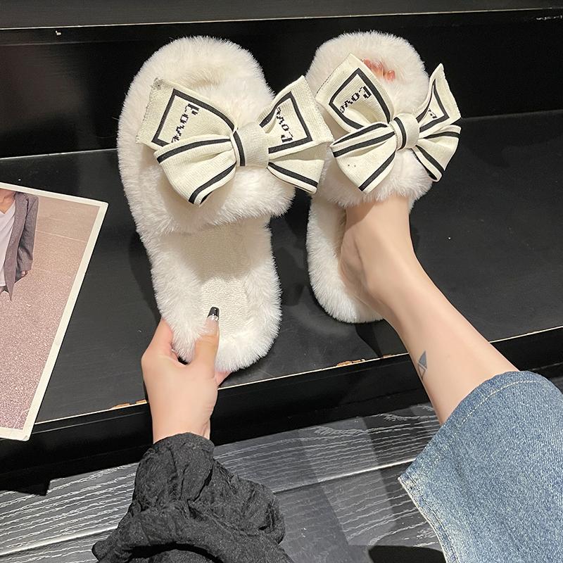 Fashion Casual Fluffy Slippers Women House Flats Fashion Winter Bowknot Love Designer Shoes Ladies Home Plush Platform Elegant Footwear