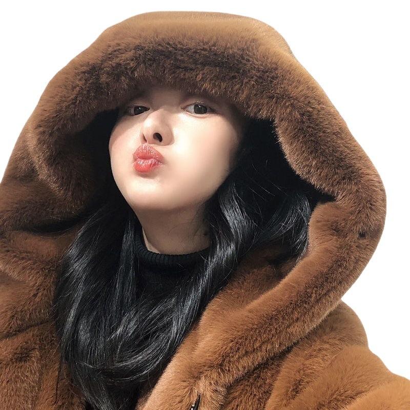 Autumn And Winter Imitation Mink Fur Coat Cute Bear Ears Plush Thickened Loose Medium And Long Coat Women