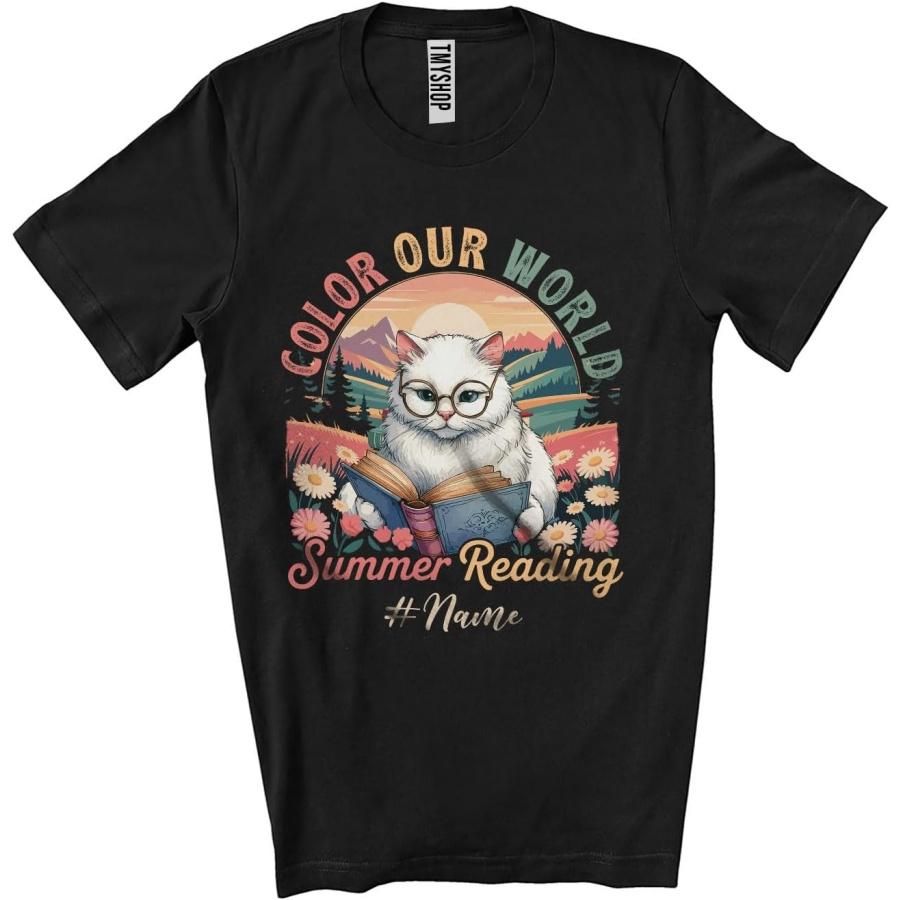 CUTEBUNNYSTORE Персонализированное Имя Цвет Наш Мир Летнее Чтение; Радостное Приключение Котенка Книга Унисекс Футболка Черная S
