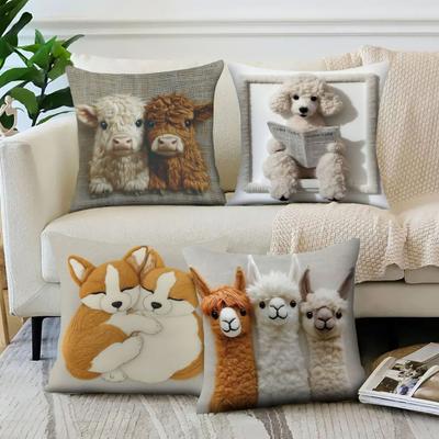 2D Tier Kissenbezug Imitationsstickerei Alpaka Muster Kissenbezug Hund Hochlandkuh Dekokissenbezug für Sofa Bett Autositz