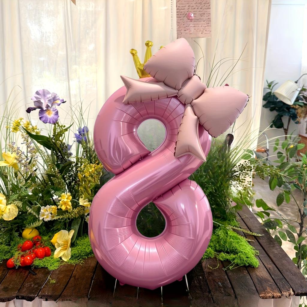 Pink Crown-Shaped Number Balloons And Pink Bow-Shaped Foil Balloons, for Decorating Birthday Parties, Anniversaries Celebrations