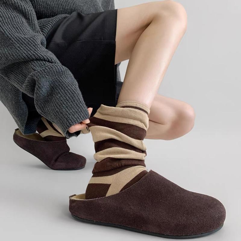 

Women s Fall Fashion New Fake Two Stitching Striped Thin Tube Stack Socks 1 pair бежевый/кофейный