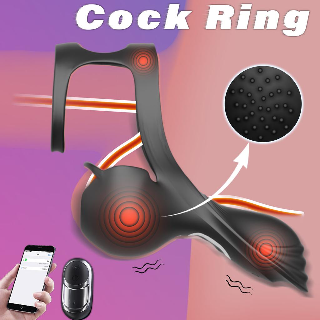 Control Remoto por APP Anillo Vibrador para el Pene Juguete Sexual Masajeador de Próstata Retrasa la Eyaculación Anillo de Castidad Función de Calentamiento Masajeador de Testículos Juguete Sexual Masculino