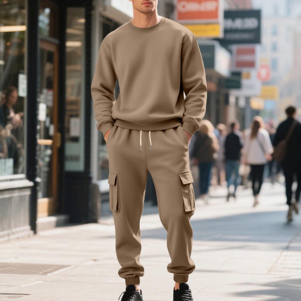 Men's Fleece Round-neck Sweatshirt Set, Loose And Casual Long-sleeved Sweatshirt And Work Pants Two-piece Set