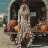 Women's V Neck Long Sleeve Floral Print Ruffle Asymmetrical Maxi Dress Vintage Retro Flowy Long Dress