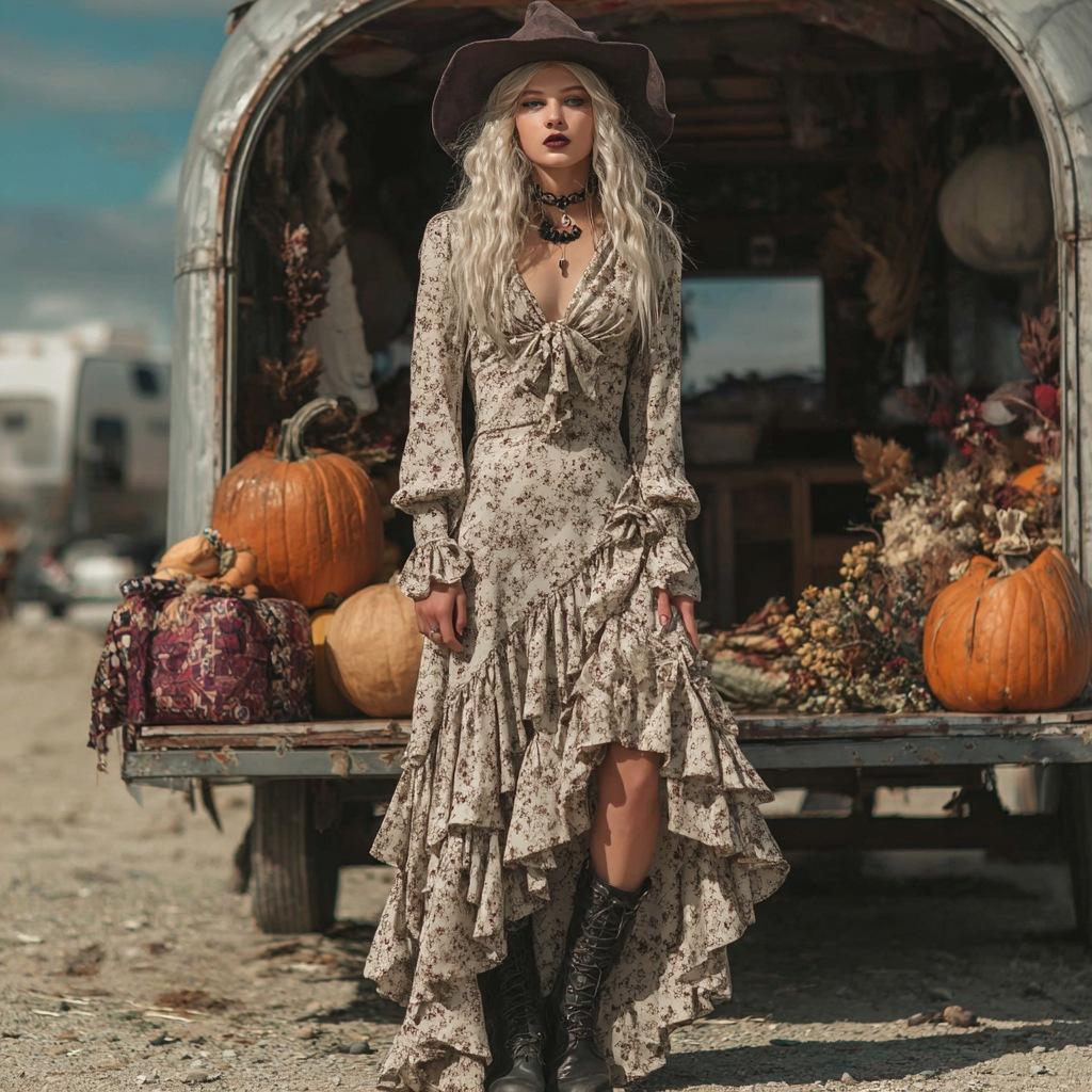 Women's V Neck Long Sleeve Floral Print Ruffle Asymmetrical Maxi Dress Vintage Retro Flowy Long Dress
