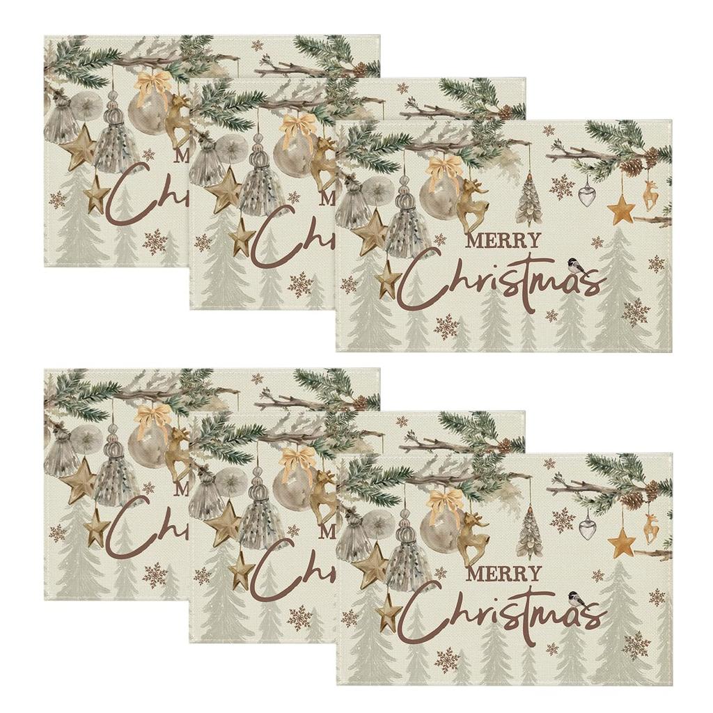 Pine Branch Ornament Merry Christmas Placemats Set of 4, 12x18 Inch Seasonal Winter Table Mats for Party Kitchen Dining Decoration