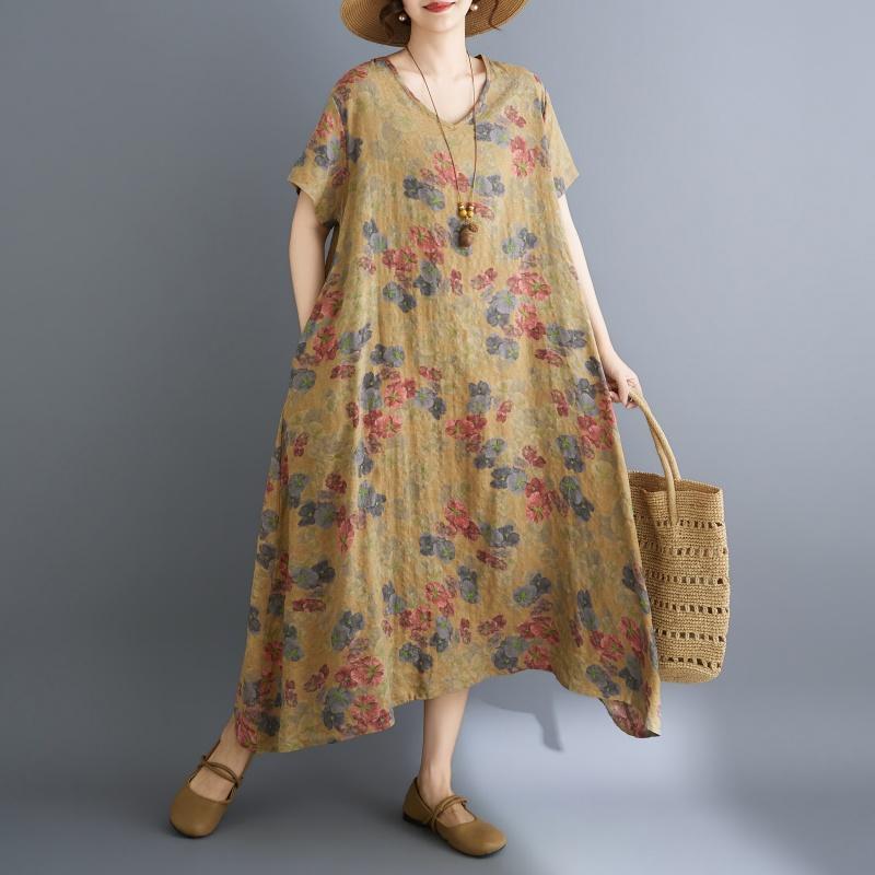 DIMANAF New 2026 Women Plus Size Summer Beach Sundress Loose Casual Maxi Lady Floral Print Dress Long Dress