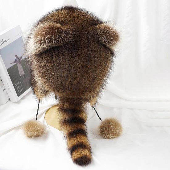 Raccoon Plush Hat with Ears Tail Design Windproof Thickened Winter Warm Plush Ear Protection Hat for Kid Adult